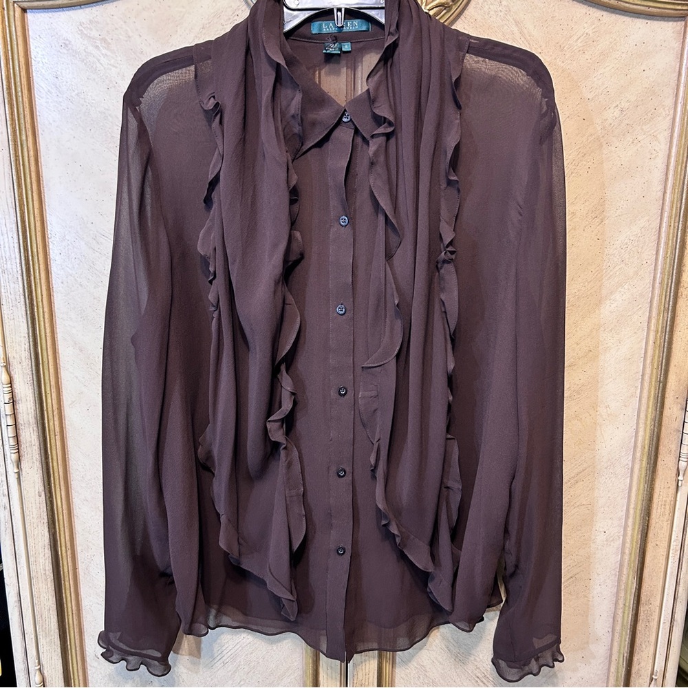 Ralph Lauren Brown 100% Silk Ruffle Edge Scarf & Blouse - Picture 4 of 10